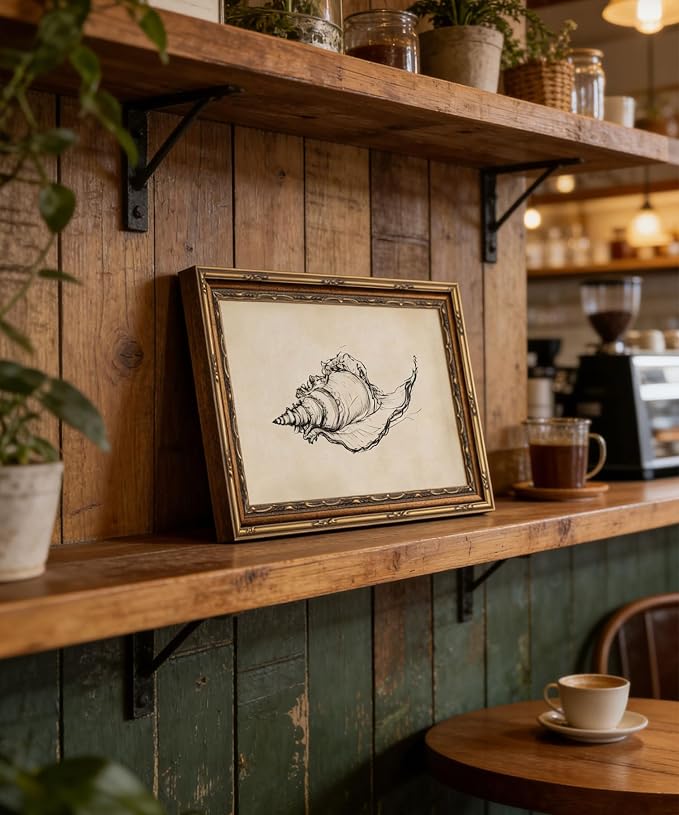 Gold Framed Wall Art Vintage Seashell Sketch Wall Art Summer Rustic Neutral Ocean Conch Wall Decor Coastal Beach House Poster Print for Living Room Bathroom Bedroom 9x11in