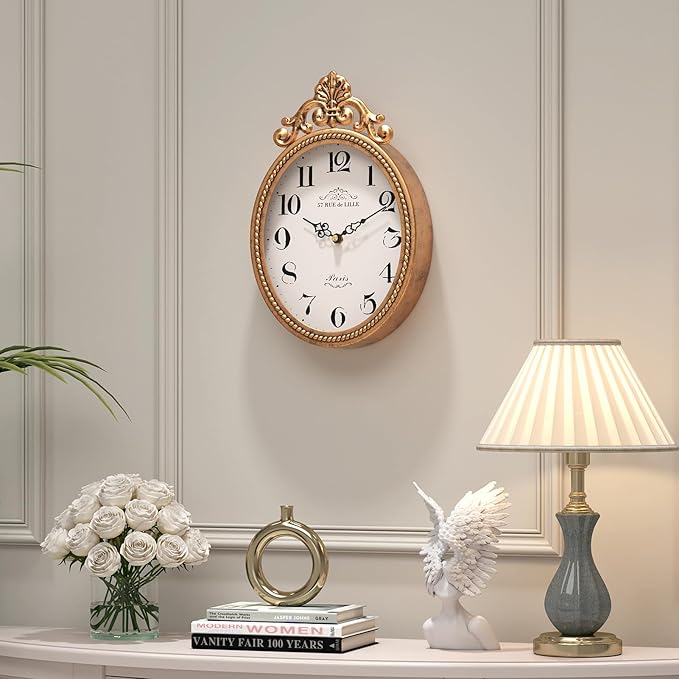 Abdurey Small French Retro Decor Wall Clock,Antique Gold Vintage Oval Style | Silent Battery Operated Boho Decorative Wall Clocks for Farmhouse,Kitchen,Bedroom,Bathroom(10.4"H x 6.7"W)
