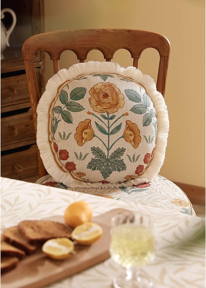 patdrea Vintage Linen Pillow Cover,Diameter 16",Set of 2-RosaSilvestre E | French Decorative Pillow Case,Yellow Floral Pattern,Cushion Coverfor Couch Living Room Bedroom,Fringe Trim