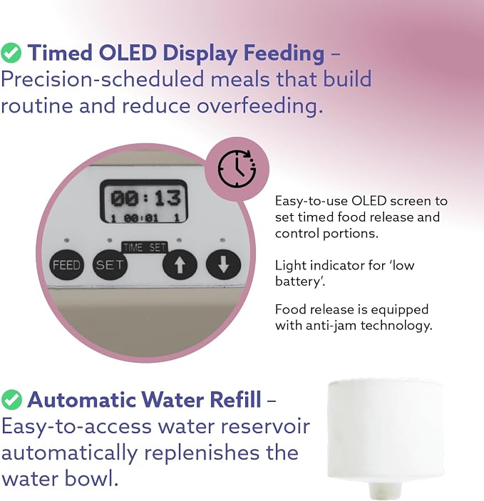 Feeding Friend® Automatic Dog & Cat Food Feeder with Water Dispenser, Smart Pet Feeder with Portion Control, OLED Display, Anti-Jam Design, Battery Operated, Medium Pets 15–30 lbs, Taupe