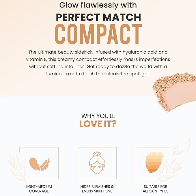 Colorbar Perfect Match Compact - Pressed Powder Foundation with Hyaluronic Acid and Vitamin E - Light to Medium Coverage - 001 Classic Ivory - 0.3 oz