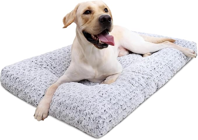 KSIIA Washable Dog Beds Jumbo Dog Crate Bed Deluxe Plush Mat 53"x36" Gray | Deluxe Plush Comfy Kennel Pad, Anti-Slip Bottom,Deep Sleeping Mat for Jumbo Dogs,Machine Washable for Easy Cleaning