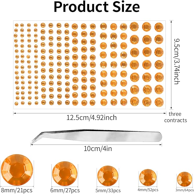 591pcs Face Gems Hair Gems Pearls, Self-Adhesive Face Jewels Eye Rhinestones 3/4/5/6/8 mm Face Gem Stick on, Halloween Makeup Gems Rave Accessories for Face Eyes Body Makeup (06.Orange)