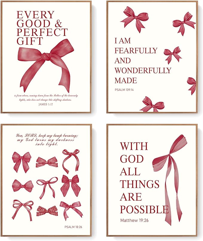 LARTSFRO Coquette Red Bow Wall Art Decor Posters, Red Bow Christian Room Bedroom Bathroom Dorm Wall Art Decor Aesthetic for College Teen Girls Gifts, Inspirational Bible Verses Bow Wall Decor, 10x8 Inch Set of 4 Pcs Bow Pictures (UNFRAMED)