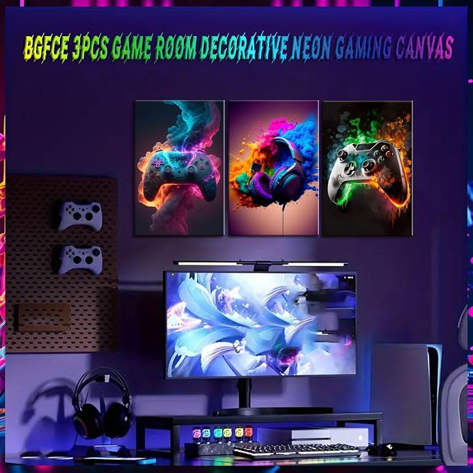 BGFCE Gaming Room Decor Canvas Wall Art Set of 3 - Cool Video Gaming Theme Wall Decor, Gamer Paintings Picture Print for Teen Boys Room 12x16 inch Framed