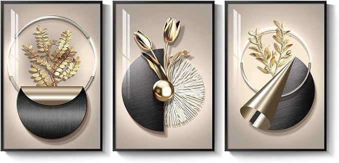 Framed Modern Elegant Wall Art for Living Room, 3 Piece Black and Gold Bright Luxury Prints Paintings, Contemporary Golden Flower and Geometric Pictures for Bedroom Dining Room Entryway Wall Decor 16x24 In