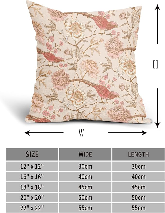 Pink White Roses Floral Pillow Covers 18X18 Inch Set of 2 Retro Flowers Birds Leaves Decorative Pillow Cases Art Vintage Cotton Linen Cushion Case Retro Home Decor for Sofa Couch Porch Outdoor