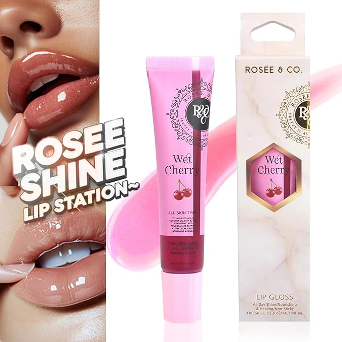 Rosee Lip Gloss Vegan & Cruelty Free Treatment, Professional Make up, Long Lasting Glossy with Shea Butter, Moisturize, Protect & Smooth, High Shine, Non-Sticky (i. Wet Cherry, 0.5)