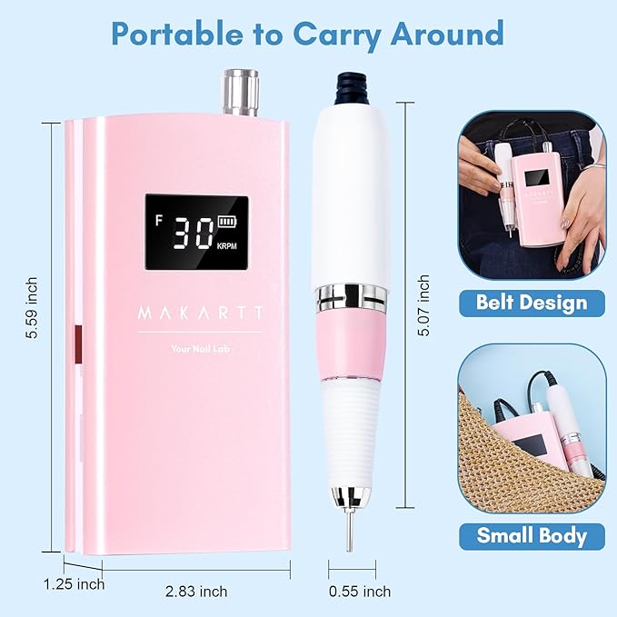 Makartt Electric Nail Drill - 30,000RPM Rechargeable Cordless E File for Gel & Acrylic Removal, Quiet Nail Drill Kit with LCD, 8H Battery, F/R Rotation, for Beginner & Pros, Perlarie Pearly Pink