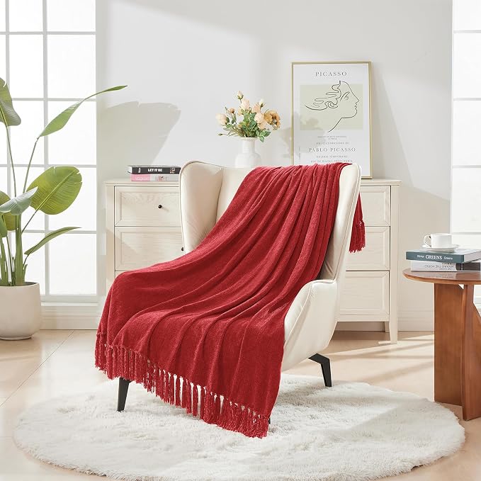 CozeCube Chenille Throw Blanket, Christmas Red Fringe Blanket, 50"X60" | For Couch, Cozy Plush Fuzzy Decorative Blanket with Fringe Tassels, Lightweight Throws for Bed Sofa Gift Home Decor