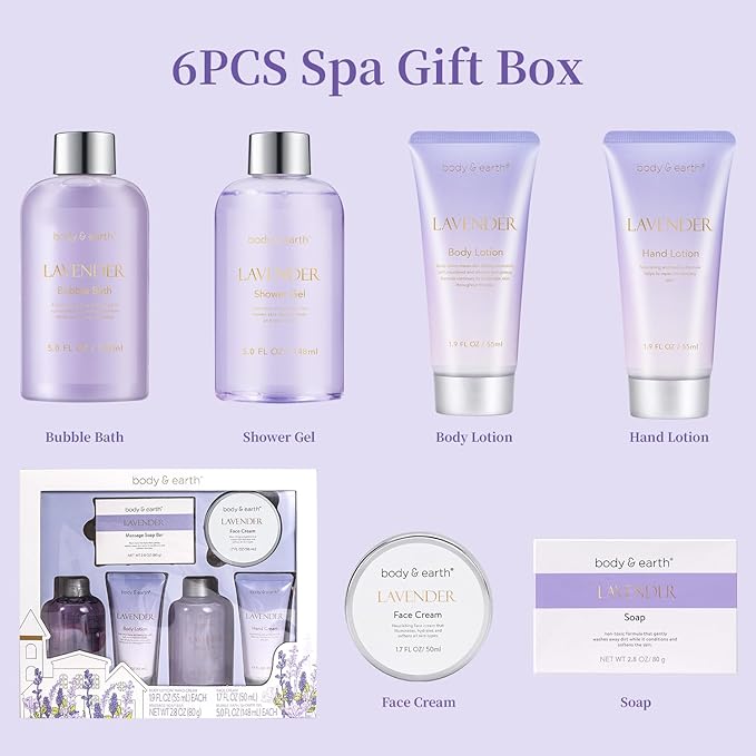 BODY & EARTH Bath and Body Gift Set - 6 Pcs Lavender Bath Kit for Women Spa Set, Birthday, Mother's Day Gift Set for Women Includes Bubble Bath, Shower Gel, Body Lotion
