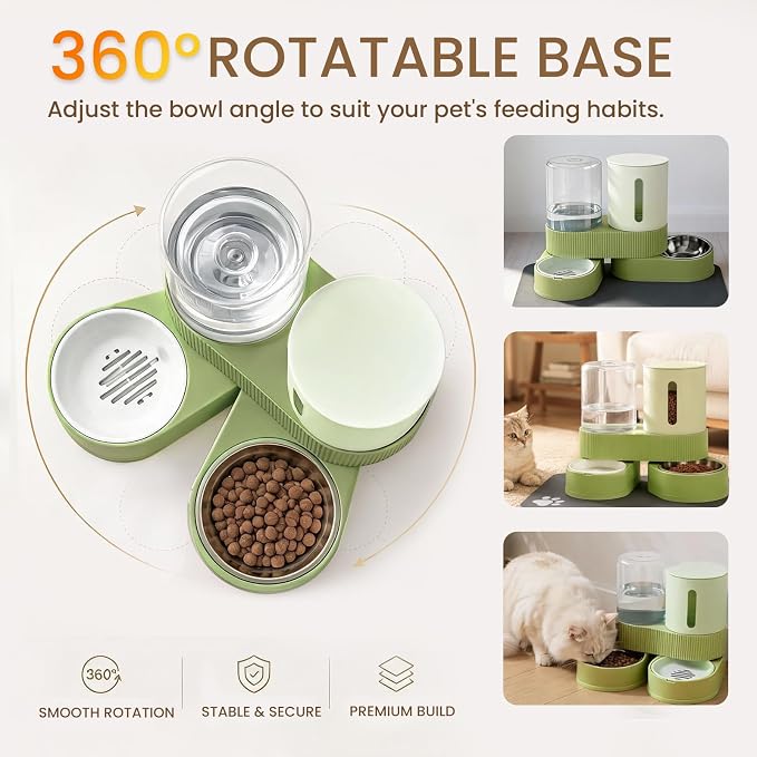 Gravity Cat Feeder 2 Pack Automatic Food Feeder and Water Dispenser Set Detachable Pet Bowl with Silicone Mat for Cats Small Medium Dogs, Large Capacity(Green)