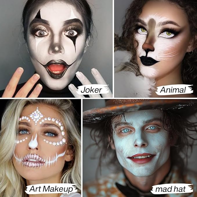 Goth White Foundation Makeup, White Face Body Paint High Coverage Cream to Powder, Waterproof Face Painting Makeup for Clown Zombie Halloween Costume, Professional Greasepaint for Stage SFX Cosplay