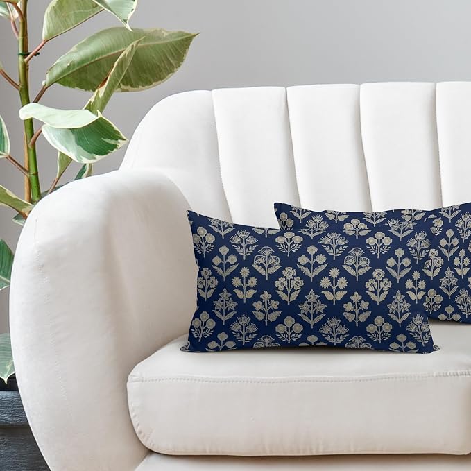 Dark Blue Pillow Covers 12x20 Inch Set of 2, Cream Floral Block Print Pattern Lumbar Decorative Throw Pillowcases Outdoor Farmhouse Rectangle Cushion Covers Spring Summer Sofa Couch Bed Decor