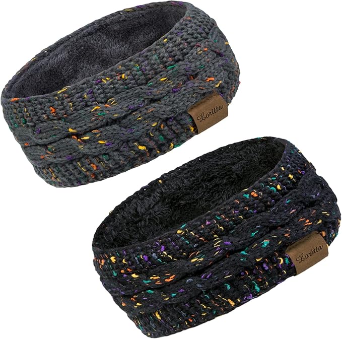 Loritta 2 Pack Headbands for Women Winter Warm Cable Knit Ear Warmer Thick Head Wrap Fuzzy Fleece Lined Gifts