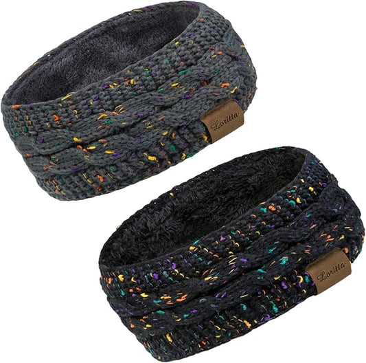 Loritta 2 Pack Headbands for Women Winter Warm Cable Knit Ear Warmer Thick Head Wrap Fuzzy Fleece Lined Gifts