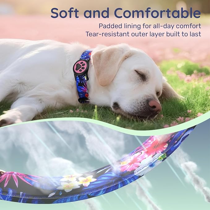 Airtag Dog Collar,with Waterproof airtag Holder，Original Stylish Cute Pattern Design.QR Code ID Buckle，Comfortable Soft Cotton for Small Medium Large Dogs