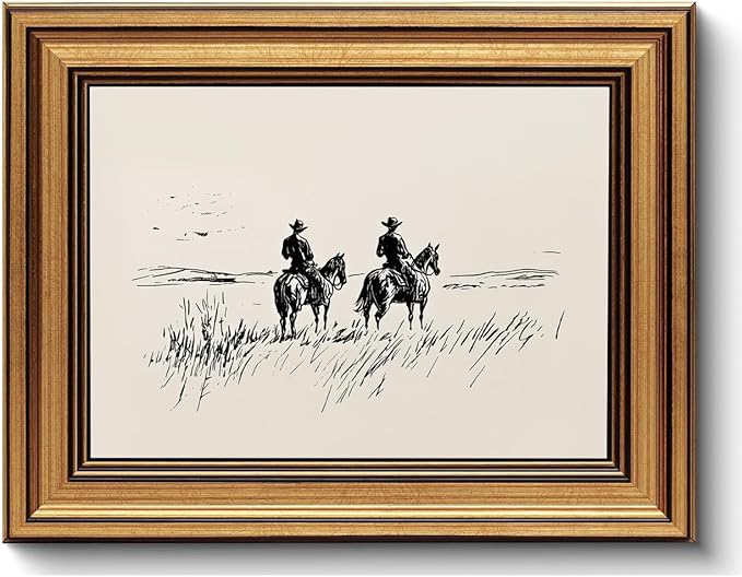 Western Cowboy Gold Framed Wall Art Minimalist Sketch Wall Decor Art | Vintage Horse Landscape Pictures Canvas Art Modern Southwest Small Framed Prints Artwork For Bookshelf Bedside Tables Foyer