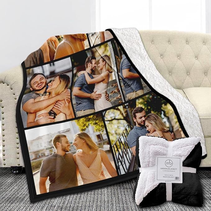 Ships Next Day, Custom Sherpa Fleece Blanket with Photos Text Soft Warm Custom Blanket Personalized Couples Gifts for Boyfriend Girlfriend Customized Picture Blanket Gifts for Christmas Valentines Day