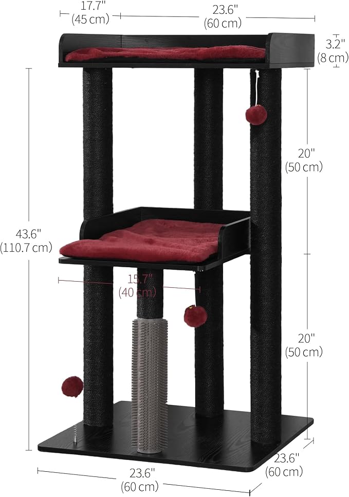 FourFurPets 43.7" Modern Cat Tree, Cat Tower for Large Cats, Wood Cat Tree | Maine Coon Cat Tree, Cat Tower with Scratching Post, Large Perch and Removable Pads, Black&Red