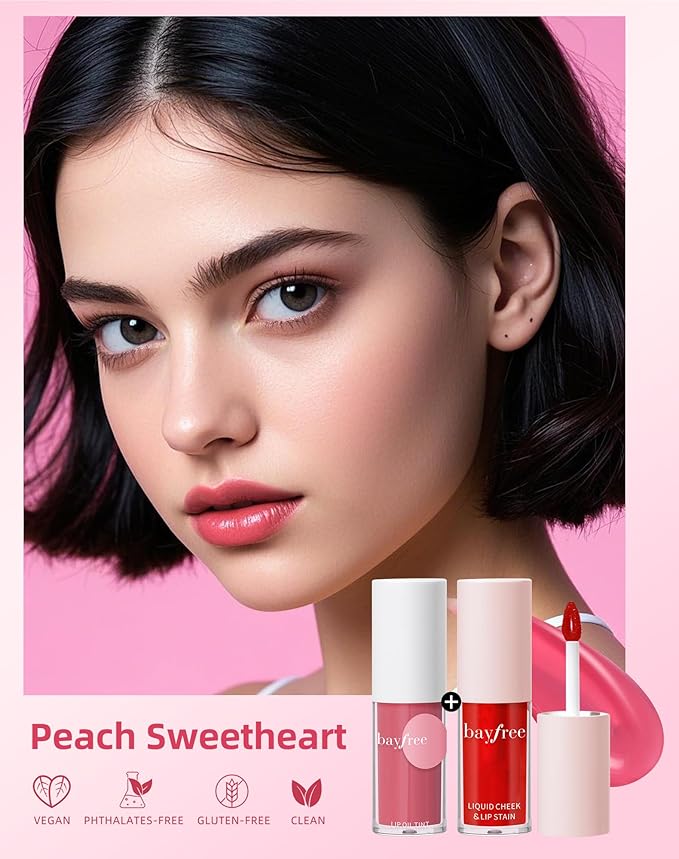 bayfree Tinted Lip Oil & Lip Stain Set, Korean Makeup, Smudge-Proof,Long-Wearing, 2-in-1 Cheek and Lip Tint with Moisturizing, High-Shine, Lightweight & Non-Sticky for Dry Lips, Cruelty-Free & Vegan