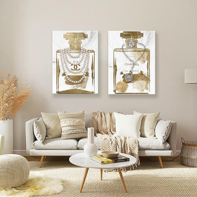 2 pieces Vintage Perfume Bottle Canvas Wall Art Modern Luxury Posters Print Fashion Glam Poster Picture for Bedroom Make up Room Home Decor 24"x36"