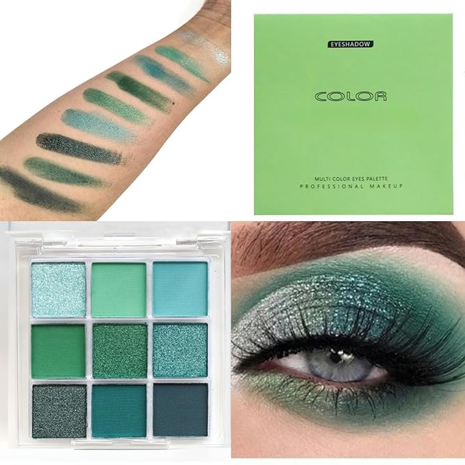 9 Colors Green Shimmer Matte Eyeshadow Palette, Patrick’S Day Glitter High Pigmented Waterproof Green-Grey Eyeshadow, Bright Sombras De Ojos