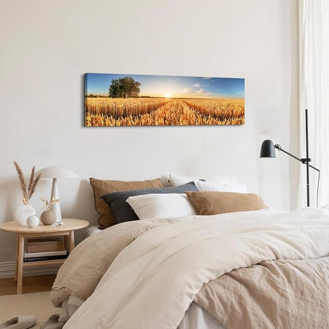Sunset Nature Forest Wall Art Wheat Field Landscape Pictures Wall Decor for Living Room Kitchen Sunrise Country Meadow Scenic Painting Farmhouse Poster Panoramic Artwork Home Bedroom Decoration 14x48”