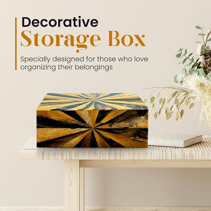 Perilla Home Home Decor Decorative Storage Wooden Box Small Yugen Organizer Tool Stash Card Craft Treasure Trinket Memory Keepsake Jewelry Box for Men and Women, Gifts For All, Black, Yellow and Brown