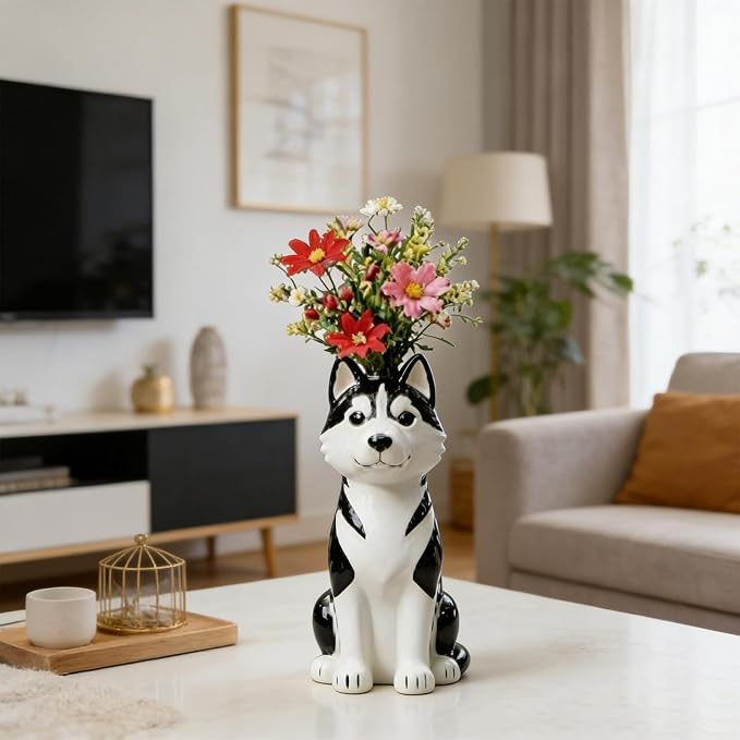 Quirky Dog Vase, Whimsical Boho Dog Flower Vase, Handcrafted Resin Decorative Dog Vases for Small Flowers, Funny Animal Resin Vases, Cute Puppy Planter for Desk Shelf, Boho Home Office Decor
