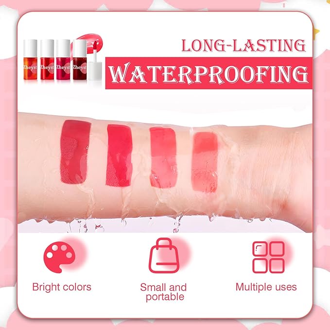 Lip Tint Stain Set – 4 Colors High Shine Gloss with Vitamin E Non-Sticky Hydrating Lip and Cheek Tint Stain Waterproof Lip Stain Long Lasting Formula Water Tint Lip Stain for Women Moisturizing Glow