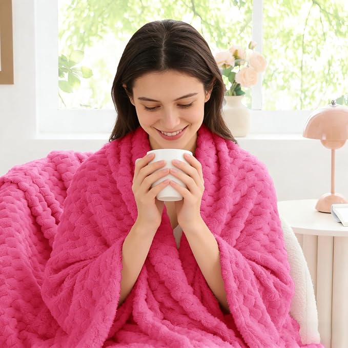 BEDELITE Hot Pink Twin Blanket for Couch, Soft Cozy Gifts for Women, 60*80 | 3D Jacquard Decorative Fleece Blanket, Super Soft Plush Throws, Cute Birthday Gift for Women & Men, Suitable for All Seasons