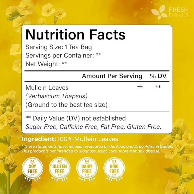 FreshDrinkUS, Premium 120 Mullein Leaf Tea Bags For Lung, 100% Natural & Pure from Mullein Leaves. Loose Leaf Mullein Herbal Tea. Made with Natural Material Tea Bags. No Sugar, No Caffeine, No Gluten, Vegan.