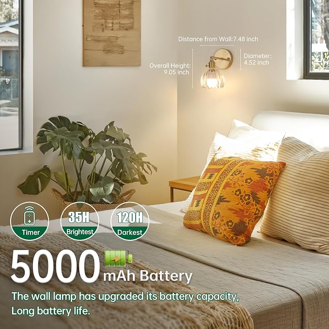 Shenmoyl Vintage Battery Operated Wall Sconce with Clear Tulip Glass Lampshade 5000 mAh Rechargeable Battery Powered Wall Light with Remote Control for Bedside Bedroom Doorway, Set of 2