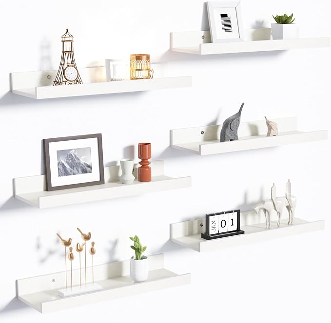upsimples Floating Shelves for Wall Decor and Storage, White, 6Pcs 15.7'' | Wall Mounted Wood Shelves for Living Room, Bedroom, Bathroom, Kitchen, Office, Laundry Room Display and Organize