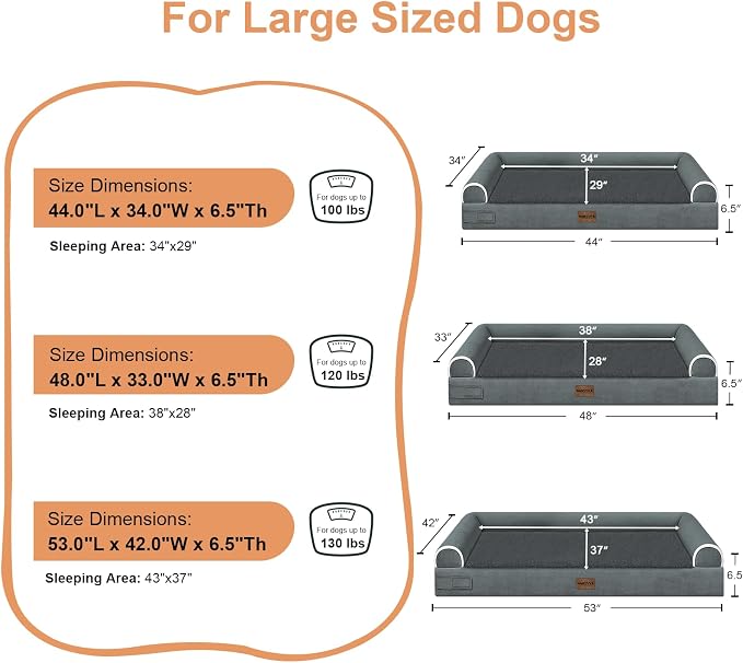 Orthopedic Dog Bed for XX-Large Dogs, 44 x 34 Inch, Dark Grey | Egg crate foam for joint support, 3-sided bolster pet sofa, waterproof lining, washable cover, and non-skid base