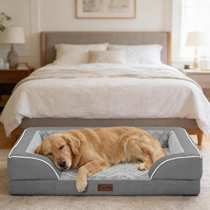 Orthopedic Washable Dog Bed for Extra Large Dogs, 42x30in, Grey | Orthopedic Foam Relieves Joint Pressure, Bolsters Supports Head And Neck, Washable Cover, Non-Slip Bottom