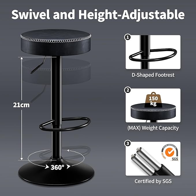 Swivel Bar Stools Set of 2 Black Microfiber Leather Counter Height Bar Stools with Round Seat Adjustable Backless Barstools Modern Tall Bar Chairs for Kitchen Island (24-33 Inch,330lbs)