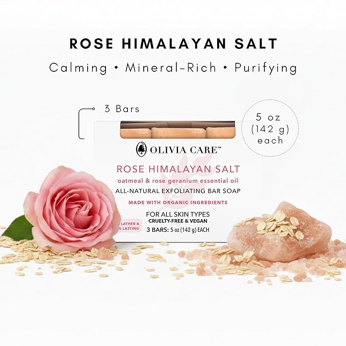 Olivia Care Exfoliating Bar Soap With Rose Himalayan Salt Natural & Organic - Infused w/Oatmeal & Rose Essential Geranium Oil - Moisturize, Detoxify, Hydrate - 3 X 5 OZ