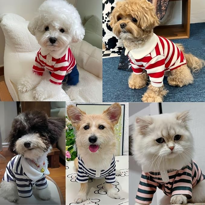 MANON ROSA Boy Dog Polo Shirt for Small Dogs, Dark Blue, S, 3.3-5.5 lb | Cute Puppy Clothes With Classic Stripes, Soft Breathable Pet Apparel For Yorkies, Shih Tzus And Everyday Summer Wear