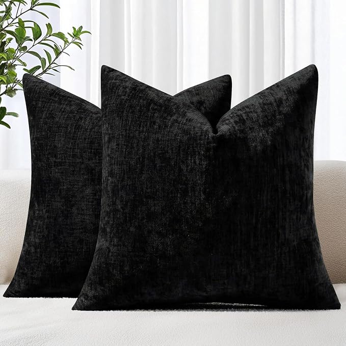 decorUhome Soft Chenille Black Throw Pillow Covers 24X24 Set of 2 | Decorative Fall Couch Pillow Covers Solid Dyed Accent Modern Euro Sham Farmhouse Neutral Square Pillow Cases for Sofa