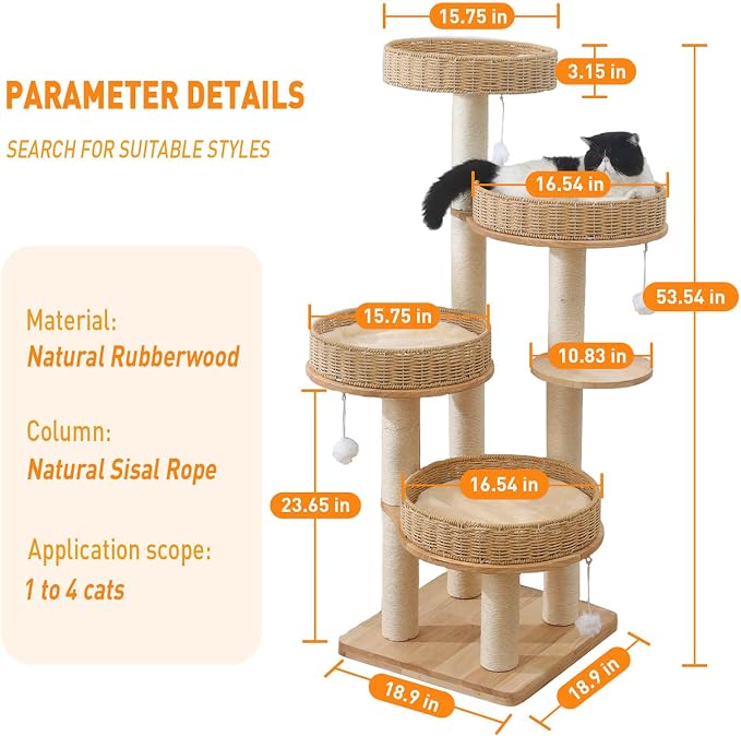54in Solid Wood Cat Tree for Indoor Cats, Modern Tall Cat Tower | Multi-levels Cat Condo, with Scratching Post, with 4 Handwoven Rattan Cat Bed, for Large Cat, Easy to Clean