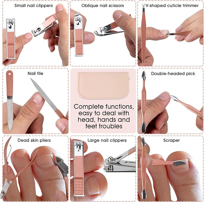 Nail Clippers & Beauty Tool Portable Set, Rose Gold Manicure Set, 12 in 1. | Martensitic Stainless Steel, Pink Leather Bag, Suitable for Home, Workplace, Outdoor Travel, Gift Giving, Salon.
