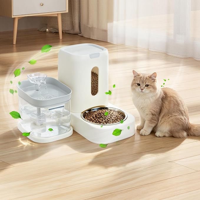 Automatic Cat Feeder Set, Water Fountain and Gravity Food Feeder, Large Capacity Set with Stainless Steel Bowl, Easy to Clean,Suitable for Kitten, Small and Medium Cat, Rabbit, and Small Pet