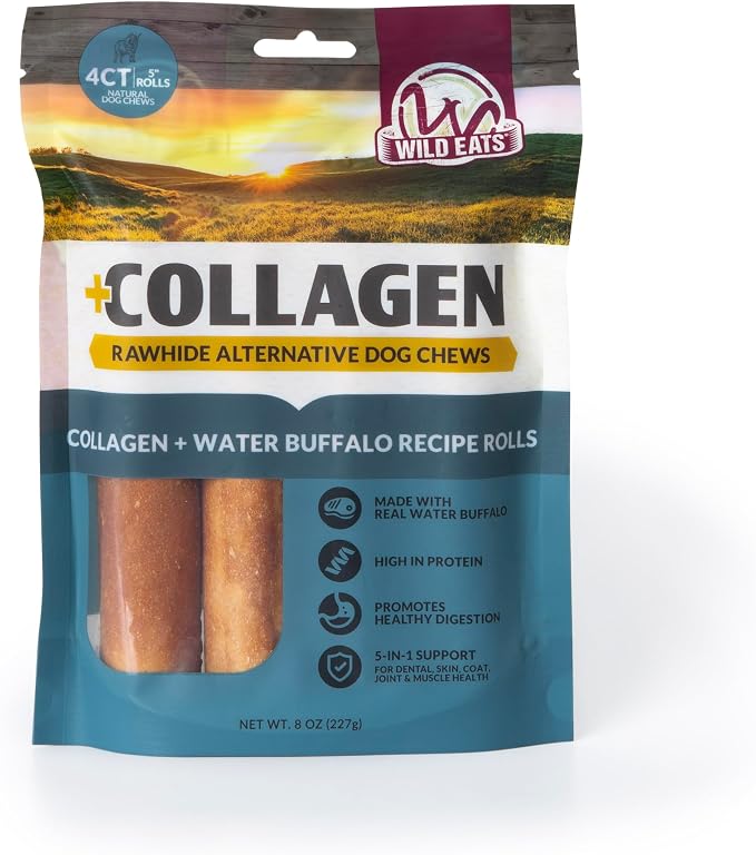 Wild Eats Water Buffalo Collagen Cheek Rolls 5" Chew 4pk Pig Ear Substitute | Long lasting treats and bones for medium dogs, retriever style texture, 4 per bag, satisfies natural gnawing urges daily