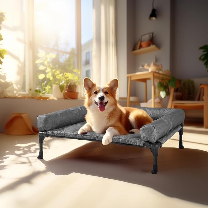 Veehoo Outdoor Elevated Dog Bed with Waterproof Bolster Cushion, Cooling | Raised Dog Bed with Removable & Washable Mat Topper, Breathable Mesh, Dog Couch Cot for Indoor Outdoor, 32", Medium, Melange