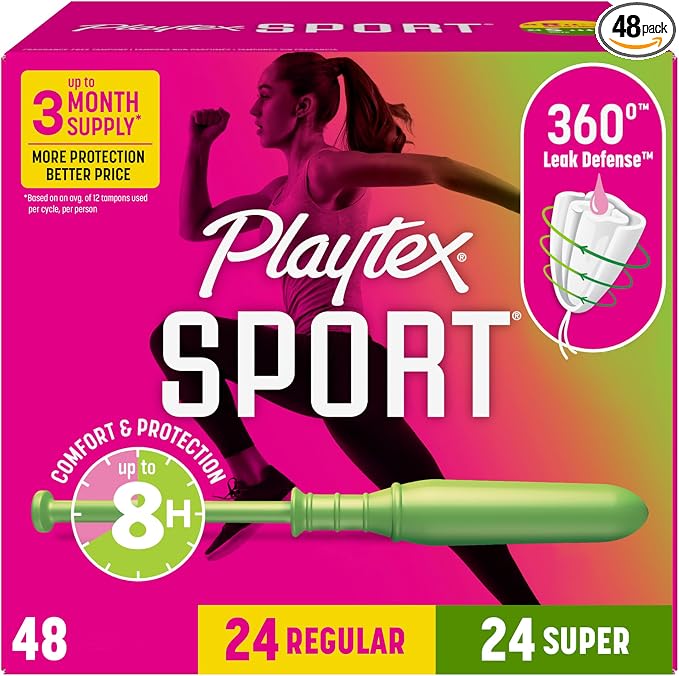 Playtex Sport Tampons Multipack (24ct Regular/24ct Super), Fragrance-Free - 48ct | Tampons Regular and Super, Playtex Tampon Multipack, Feminine Care with 360 Leak Defense