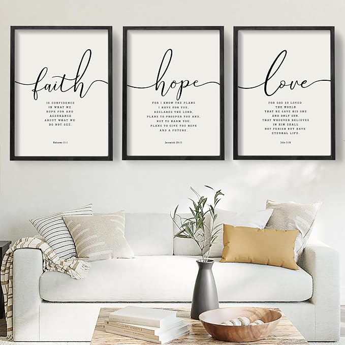 Houmury Set of 3 Framed Farmhouse Bible Verses Wall Decor Sign 11”x14” Christian Faith Scripture Wall Art for Home Bedroom Wall Decor (11"x14" Black)