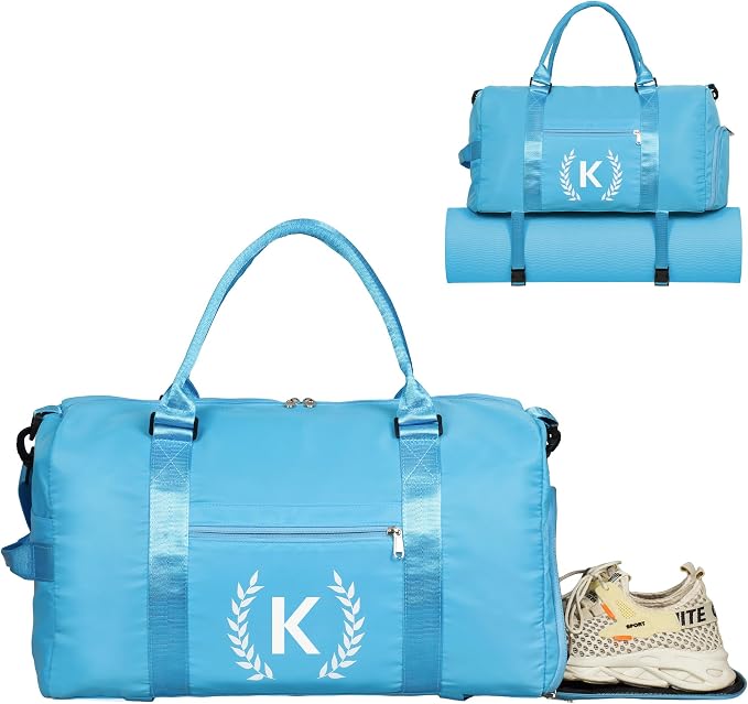 Gym Bag for Women, Personalized Duffle Bag with Shoe Compartment, Sports Bag for Yoga & Dance with Wet Pocket and Mat Strap(AquaBlue,K)