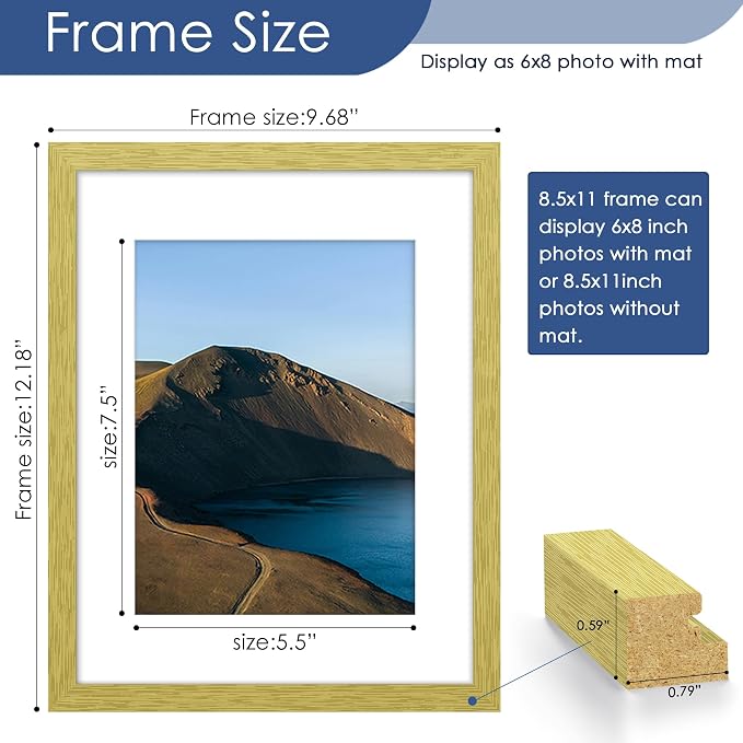 8.5x11 Picture Frame Set of 6, Wall Mount Display, Gold | Display Pictures 6x8 with Mat or 8.5x11 Without Mat, Horizontal or Vertical, Gallery Wall Frame Set, Wedding Birthday Gifts